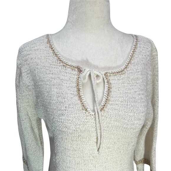 vintage 90's Nomi🎀Cotton Blend Beige Boho Sweater Tie Neckline Size M - Picture 3 of 8